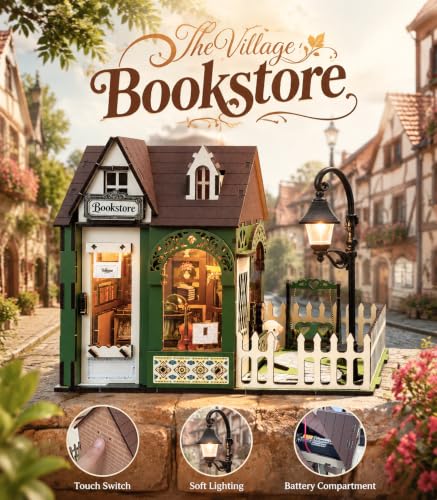 Town Bookstore Book Nook Kit, DIY Miniature Dollhouse with LED Lights, Mini Bookshelf Insert Decor for Adults & Teens, Creative Craft Gift for Family, Friends & Book Lovers - style: Town Bookstore