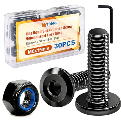 weideer 30pcs M6 x 15mm Nuts and Bolts Kit, Stainless Steel 18-8 (304) Flat Head Hex Socket Cap Furniture Bolts,Nylon Insert Hex Lock Nuts with Hex Spanner K-173 - size: M6x15mm, style: Flat Head Hex