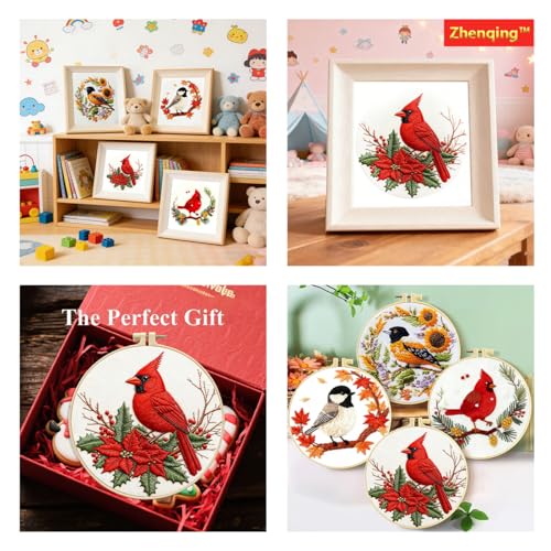 Zhenqing 4-Piece Bird Embroidery Kit for Beginners, Cardinal and Chickadee Pre-Printed Needlework Set with Hoop, Threads & Tools (C0255) - color: 4 Seasons Bird Embroidery