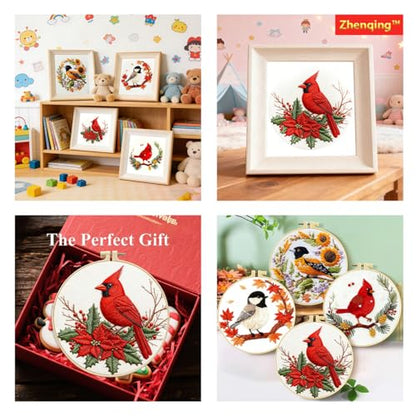 Zhenqing 4-Piece Bird Embroidery Kit for Beginners, Cardinal and Chickadee Pre-Printed Needlework Set with Hoop, Threads & Tools (C0255) - color: 4 Seasons Bird Embroidery