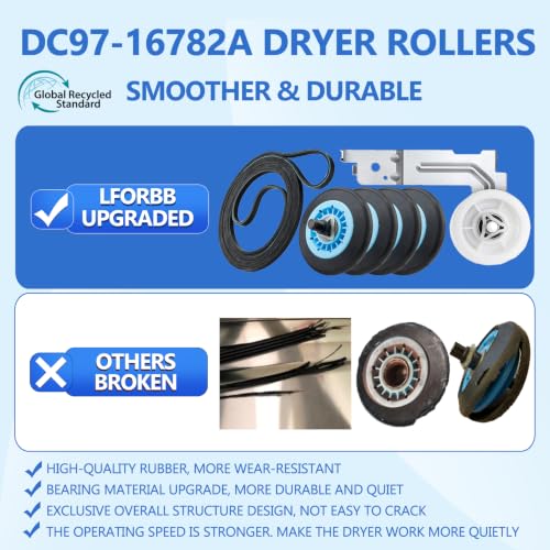【Upgraded】Dryer Roller Replacement Part for Samsung DV42H5000EWA3 DV45H7000EWA2 DV48H7400EWA2 DV42H5200EPA3 DV40J3000EWA2, DC97-16782A Dryer Roller DC93-00634A Idler Pulley 6602-001655 Dryer Belt Kit