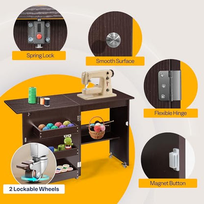 VIVOHOME Folding Sewing Table for Sewing Machine, Sewing Desk with Storage - color: Espresso