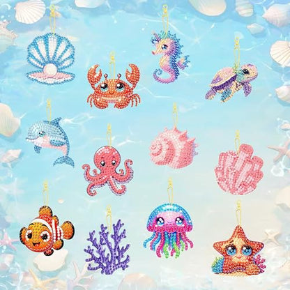 12 PCS Diamond Art Keychain Kits, DIY Diamond Painting Crafts, Beginner Art Kit, Arts & Crafts Gift - color: Marine Animals