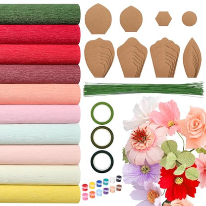 Marspark 142 Pcs Crepe Paper Flower DIY Set Template Wire, Pink and Brown - color: Pink and Brown