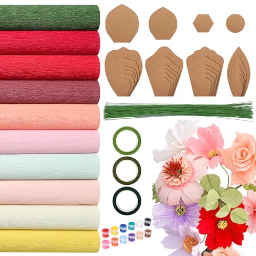 Marspark 142 Pcs Crepe Paper Flower DIY Set Template Wire, Pink and Brown - color: Pink and Brown