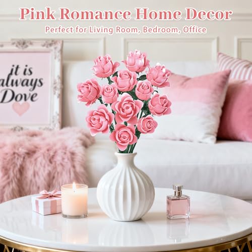 Pink Roses Flower Bouquet Building Set, Artificial Flowers Botanical Collection Compatible with Lego Flowers for Adults Christmas Anniversary Valentines Day Gifts - color: Pink