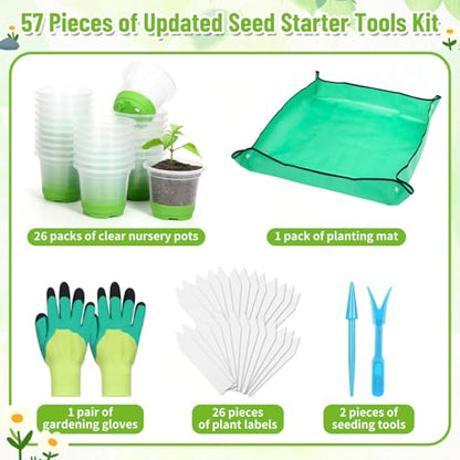 Caffox 57PCS Reusable Seed Starter Kit Includes 26 Packs 4" Clear Nursery Pots with Silicone Base, Repotting Mat, Gardening Gloves, Plant Labels and Seedling Tools for Easy Transplant - size: 4 Inch Clear Nursery Pots