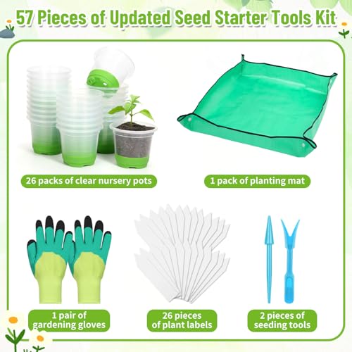 Caffox 57PCS Reusable Seed Starter Kit Includes 26 Packs 4" Clear Nursery Pots with Silicone Base, Repotting Mat, Gardening Gloves, Plant Labels and Seedling Tools for Easy Transplant - size: 4 Inch Clear Nursery Pots