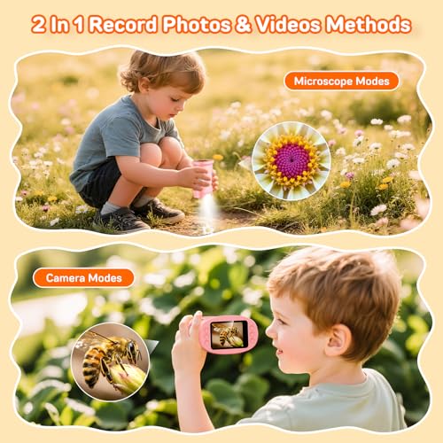 Microscope for Kids with 2.0" IPS Screen Girls Handheld Outdoor Gifts - color: Pink