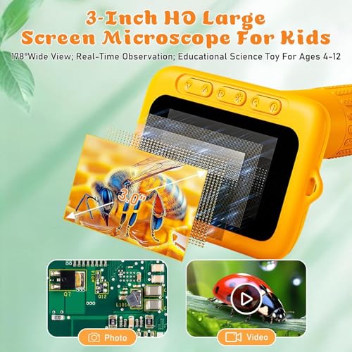 1000X Digital Microscope for Kids, 3" Screen, Handheld Photo Video - color: Warm yellow