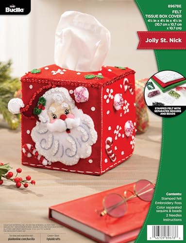 Bucilla Felt Applique Tissue Box Cover Kit, Jolly St. Nick, Perfect for Holiday DIY Arts and Crafts, 89678E