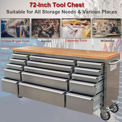 72-inch Stainless Steel Rolling Tool Chest with 15 Drawers, Mobile Workbench, Assembled Large Tool Box Lockable Storage Cabinet with Wheels for Garage Workshop (72'' w/15 Drawers) - size: 72'' w/15 drawers - Stainless Steel