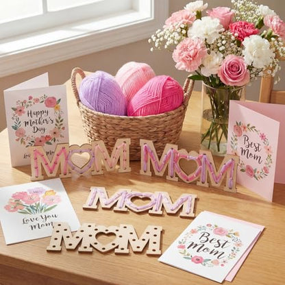 Kathfly 24 Sets Mother's Day Wooden Craft Kit, Wood Mom String Craft Ornaments with Yarn and Plastic Weaving Tools, DIY Lacing Art Hanging Decorations for Activities Handcraft Gifts - style: Mom