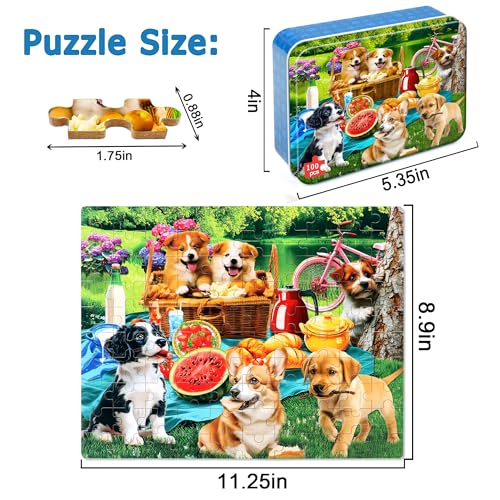 LELEMON Puzzles for Kids Ages 4-6,Dogs 100 Piece Puzzles for Kids Ages 4-8 in a Metal Box,Educational Jigsaw Puzzles 100 Piece Puzzle Games Puzzle Toys for Girls and Boys - color: Picnic Dogs