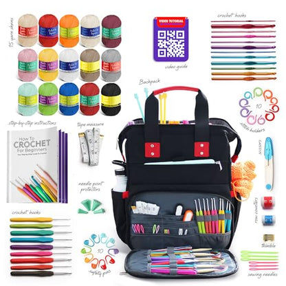 Crochet Kit for Beginners Adults and Kids - Beginner Crochet Kit for Adults with Step-by-Step Video Tutorials, Amigurumi and Crocheting Kit, Crochet Starter Kit with Crochet Yarn and Crochet Backpack - color: Black, style: Crochet Kit + Bag