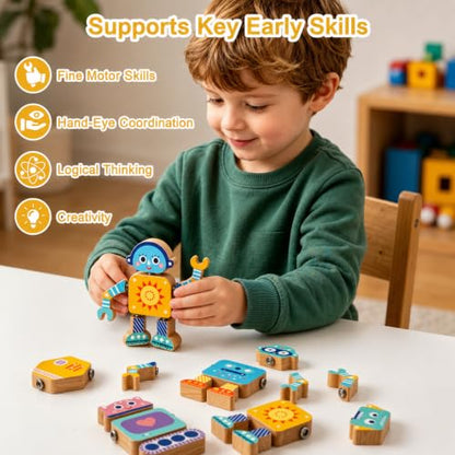 Wooden Robot Building Toy, 33-Piece Snap-Together Set, Ages 3-6