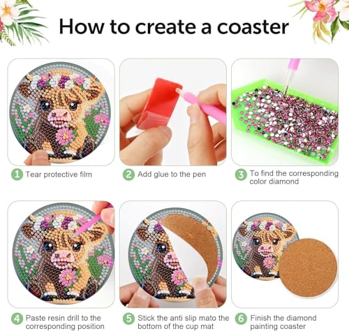 Diamond Art Coasters Kit,8 Pcs Highland Cow Diamond Painting Coasters Kit - color: Baby Cow