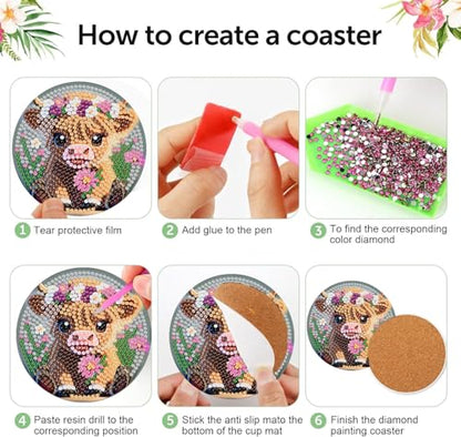 Diamond Art Coasters Kit,8 Pcs Highland Cow Diamond Painting Coasters Kit - color: Baby Cow