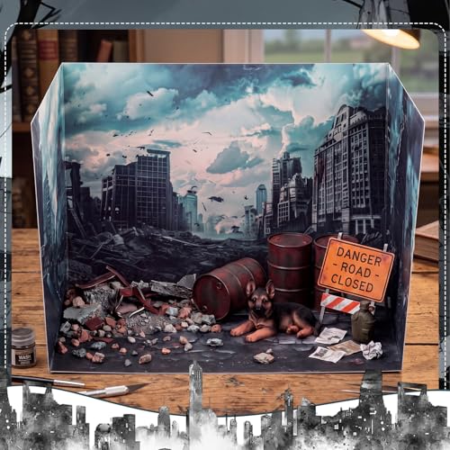 AmazingSpark 2 Set City Debris Diorama Box and Cracked Sticker Decor, City Ruins Diorama Project Supplies Set, Destroyed Building Scene Model Display Case with Double Sided Tapes for DIY Crafts - style: City Debris