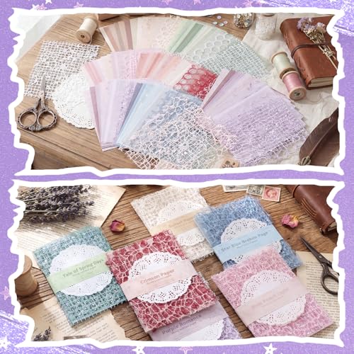 BESARME 140 Pcs Textured Scrapbook Paper & Lace Stickers Set - color: Multicolor