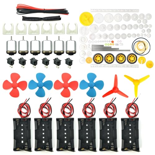 EUDAX 6 Set Rectangular Mini Electric 1.5-3V 24000RPM DC Motor with 84 Pcs Plastic Gears,Electronic Wire, 2 x AA Battery Holder,Boat Rocker Switch,Shaft Propeller for DIY Science Projects