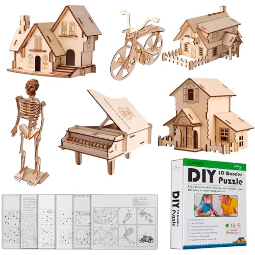 calary 3D Wooden Puzzle Simulation Animal Dinosaur Assembly DIY Model Toy for Kids and Adults,Set of 6 - style: D-House Assembly