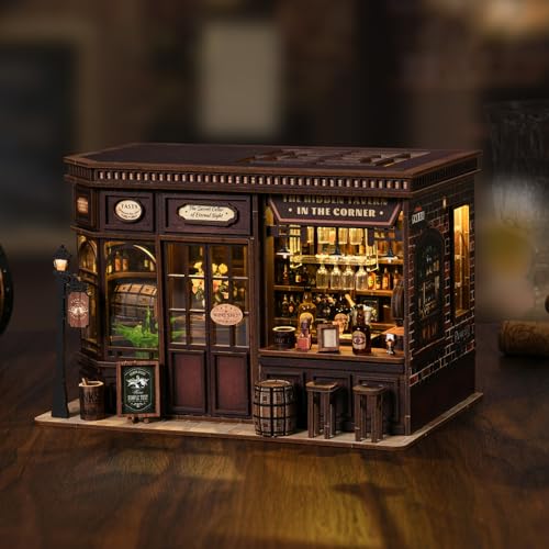 Book Nook Kit - DIY Miniature Dolls House Kit with Furniture and LED Light, 3D Puzzle Wooden Art Bookends, Model Kits for for Adults and Teens (Corner Tavern) - style: Corner Tavern