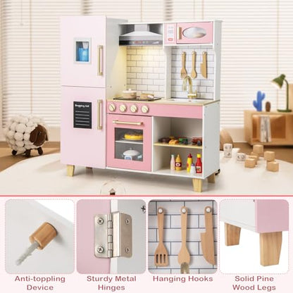 Costzon Kids Kitchen Playset, Wooden Pretend Play Kitchen with BBQ Grill, Ice Maker, Range Hood, Blackboard & Cooking Accessories, Toy Kitchen Set with Lights & Sounds, Gift for Toddlers Ages 3+ - color: Pink