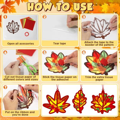 Qyeahkj 36 Set Fall Maple Leaves Suncatchers Crafts for DIY Autumn Window Tissue Paper Crafts Kit Thanksgiving Maple Hanging Decor for Fall Home Activity Art Project Birthday Party Favor Gift - style: Fall Maple