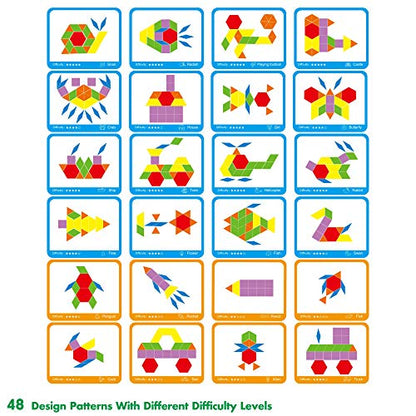 SpriteGru 300 PCS Wooden Pattern Blocks Set for Kids with 24 Double-Sided Design Cards(48 Patterns) and Storage Bag in Gift Box,Fun Montessori Learning Toys - style: 300 Pcs Blocks Set