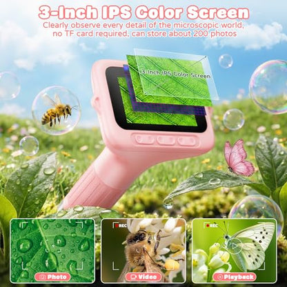 Kids Microscope, 1000X with 3.0" Large IPS Screen (Pink) - color: Pink