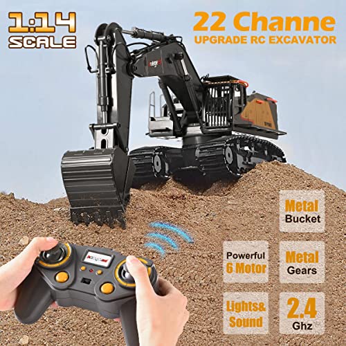 kolegend Remote Control Excavator Toy 1/14 Scale RC Excavator, 22 Channel Upgrade Full Functional Construction Vehicles Rechargeable RC Truck with Metal Shovel and Lights Sounds - style: Excavator