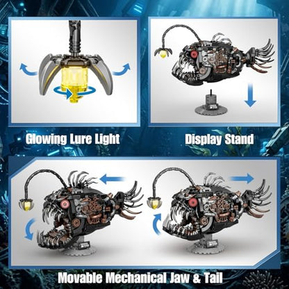 Mechanical Angler Fish Building Blocks Kit for Kids & Adults– Premium STEM Toy Set for Boys 8-14+, 1038+ Pieces Artistic Steampunk Light-Up Model Kits, for Teens & Collectors