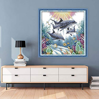 Cross Stitch Stamped Kits Pre-Printed Cross-Stitching Starter Patterns for Beginner Kids or Adults, Embroidery Needlepoint Kits (Dolphin 17.7×17.7 inch) - color: Dolphin, 17.7×17.7 inch