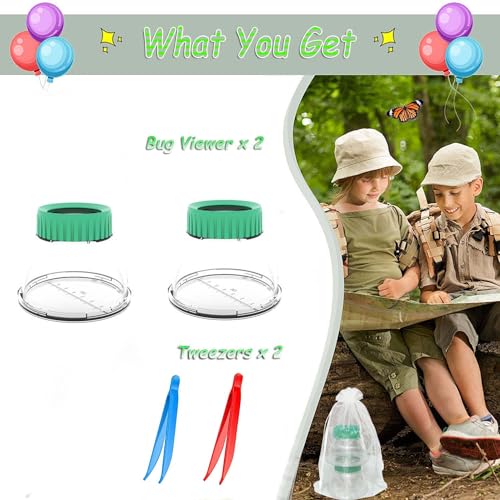 Bug Viewer for Kids 5X Magnifying Insect Observation Kit Built-in 7cm Ruler with 2 Slant Tweezers Bug Viewer Catcher Cage for Kids Science Nature Exploration (2 Pack Green), LX-4LS - color: 2 Pack Green