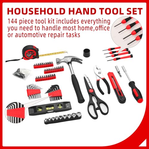 144-Piece Red Home Tool Set, Household Hand Kit with Plastic Toolbox - color: Red, size: 144-Piece
