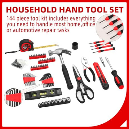 144-Piece Red Home Tool Set, Household Hand Kit with Plastic Toolbox - color: Red, size: 144-Piece
