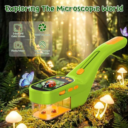 CIMELR Bug Catcher for Kids with 2.4" Screen, 500X Digital Microscope, 1080P Photo/Video, 1000mAh Battery, 8 LED, PC Real-Time Imaging, STEM Nature Toy & Gift for Boys Girls Ages 3-12 - color: Light Green