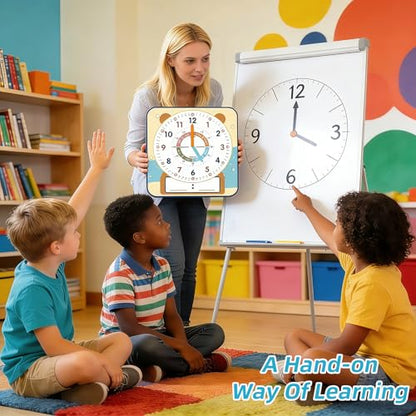 ANCOMEDO Large 12" Magnetic Writable Dry Erase Teaching Clock with Cute Style, Teaching Demonstration Clock for Kids Learning Practice Time for Home School Classroom Supplies (12" x11"-Beige) - style: Beige-1pack