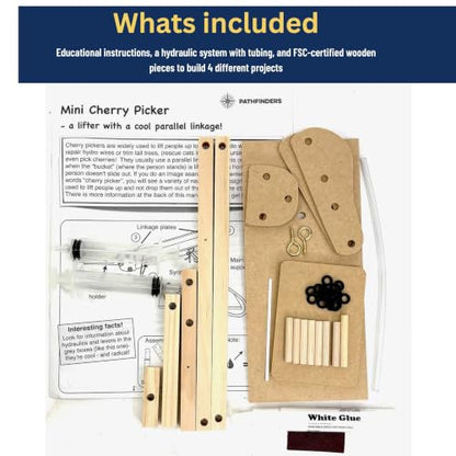 PATHFINDERS STEM Kit- Hydraulics 4-in-1– Build 4 Hydraulic Machines | Engineering Model Kit for Kids 8+ | Educational Science Toy | Learn Physics & Mechanics | Wooden DIY Project