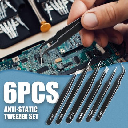 6 Pcs Precision Tweezers Set, Anti-Static Stainless Steel Craft