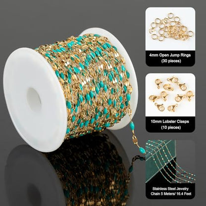 UMAOKANG Gold Plated Stainless Steel Jewelry Chain Roll Blue Enamel Chains - color: Gold-Blue