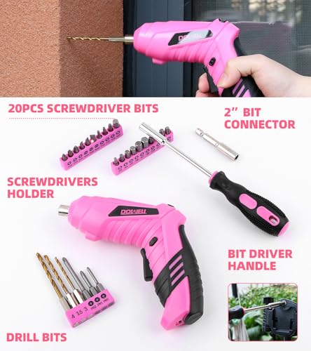 DOWELL 116Pcs Pink Tool Kit, Tool Set with 3.6V USB Cordless Screwdriver - size: 116 Pcs