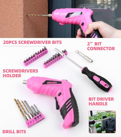DOWELL 116Pcs Pink Tool Kit, Tool Set with 3.6V USB Cordless Screwdriver - size: 116 Pcs