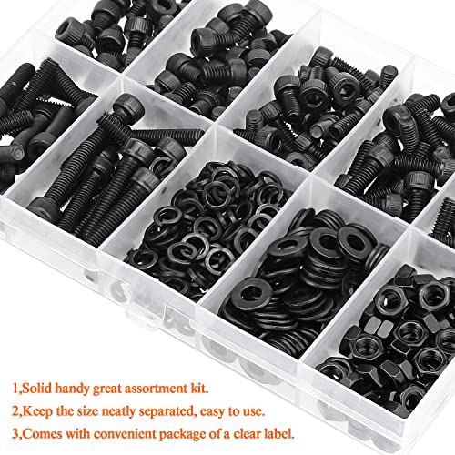 HELIFOUNER 380 Pieces M4 x 5mm /6mm /8mm /10mm /12mm /16mm /20mm, Hex Socket Head Cap Screws Bolts Washers Nuts Kit, 12.9 Grade Alloy Steel, Full Threaded, Black - size: M4, style: Socket Head