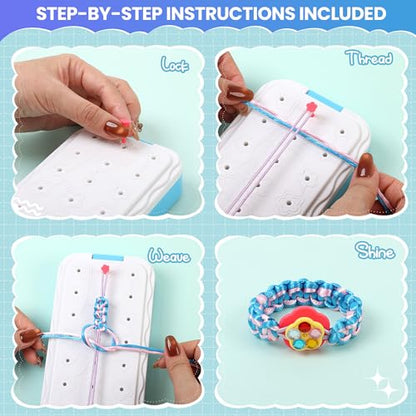 DDAI Friendship Bracelet Making Kits Crafts - Arts & Crafts for Kids Ages 8–12 - Birthday Gifts for 7 9 10 11 12 Years Old Girls Toys, String Bracelet Maker Loom Box for Kids, DIY Gem Stickers - color: Aqua & White