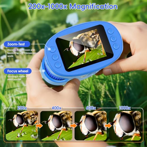 Temodu Kids Microscope 2.0" Screen 1000X Digital Microscope for Kids, Mini Pocket Handheld Microscopes for Children Birthday Festival Gift, Science Education Fun Toys for Boys Girls Ages 4-12 (Blue) - color: Blue