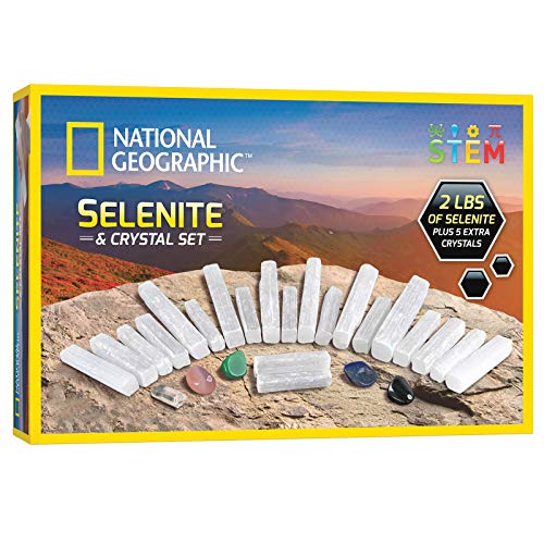 National Geographic Selenite Crystal Set - 2 lbs of Bulk Selenite Wands & 5 Premium Crystals, Rose Quartz, Hematite, Aventurine, Blue Quartz, Raw Crystals, Gemstones