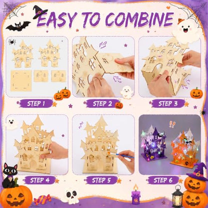 DoubleFill 12 Set Halloween Wooden Castle House Craft Kits, DIY