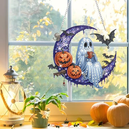 NAIMOER Halloween Diamond Art Hanging Kits for Adults, Ghost Moon 5D Special Shaped Rhinestone, DIY Acrylic Diamond Art Painting Window Pendants Home Garden Wall Hanging Ornament Kits, Double Sided - color: Halloween Ghost Moon